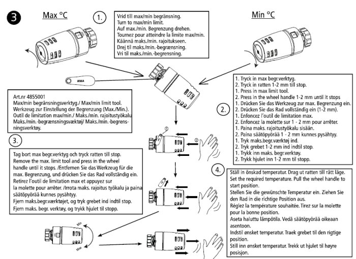 Instruktioner för att justera en radiatorventil med max/min-begränsningsverktyg inklusive steg 1-4 med illustrationer.