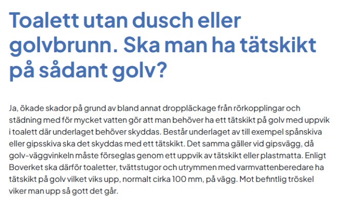 Bild av en informationssida som diskuterar behovet av tätskikt i toaletter utan dusch eller golvbrunn enligt GVK och Boverkets riktlinjer.