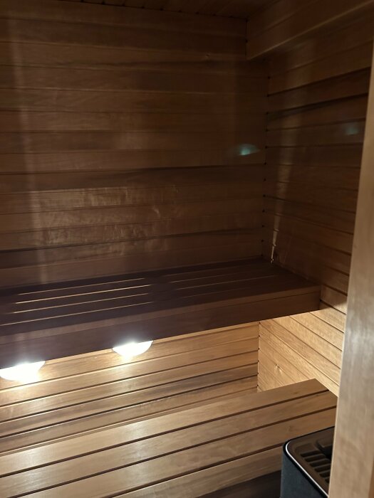 Interiör av en bastu med träpaneler och två belysningsarmaturer, utan kåpor, monterade under en bänk.