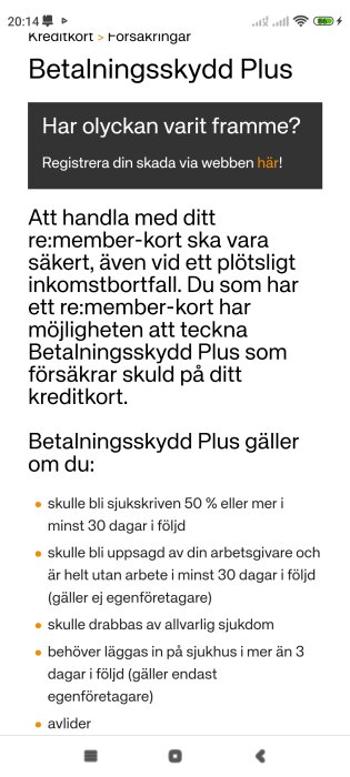 Bild av en informationssida om Betalningsskydd Plus för re:member-kort, som erbjuder skydd vid inkomstbortfall, sjukdom eller arbetslöshet.