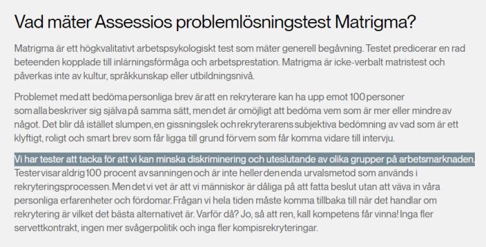 Skärmbild av artikel om Assessios problemlösningstest Matrigma och dess roll i rekrytering. Texten diskuterar integritetsfrågor och diskriminering på arbetsmarknaden.