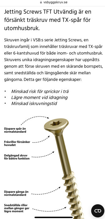 Mässingsfärgad VSB-skräddarskruv med torx-spår och förbättrade egenskaper som djupare spår, delgängad design och snedställda rillor.