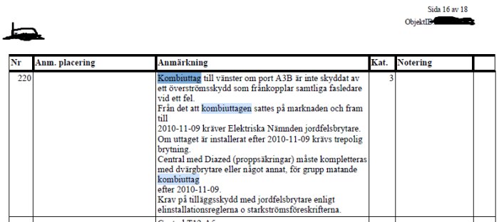 Besiktningsprotokoll från 2018 med anmärkning om kombiuttag som saknar överströmsskydd, inklusive noteringar om jordfelsbrytare och installation.