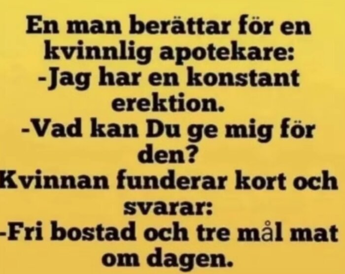 Bild med text om en man som frågar en apotekare vad hon kan ge honom för en konstant erektion, och hennes humoristiska svar handlar om bostad och mat.