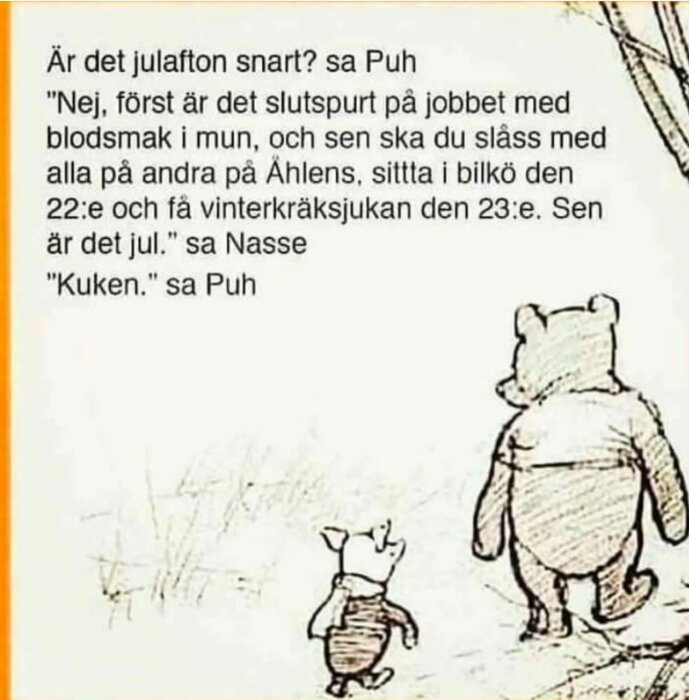 Tecknade karaktärerna Puh och Nasse har en konversation om förberedelser inför julen, med en ironisk och humoristisk ton i texten.