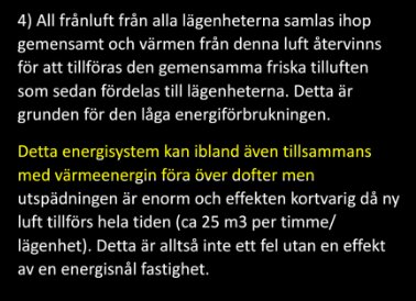 Text som förklarar hur frånluft återvinns i ett energisystem, inklusive varning för eventuell överföring av dofter med värmeenergi.