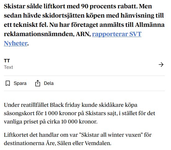 Artikel om Skistar som hävde köp av liftkort efter 90% rabatt på Black Friday, anmält till ARN för tekniskt fel.