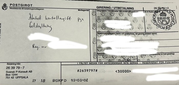 En bild av en gammal postgiroutbetalning med handskrivna anteckningar, datumstämplad 1991, delvis maskerad text och adress till Uppsala.