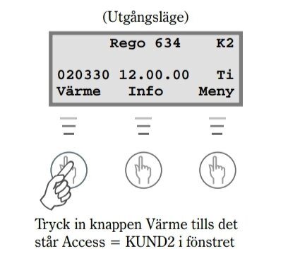 Display på IVT Greenline med instruktion för att nå kundnivå 2, genom att trycka på "Värme" tills "Access = KUND2" visas.