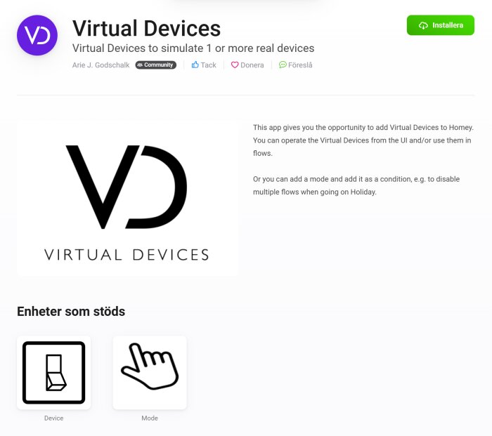 Hemsidevisning för appen Virtual Devices med logotyp och stödda enheter som Device och Mode, tillgänglig för installation i Homey-systemet.