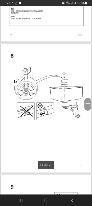 Illustration av montering av ett vattenlås med instruktioner för att sätta fast ett verktyg på centralpiggen. Ytterligare steg visas med symboler.