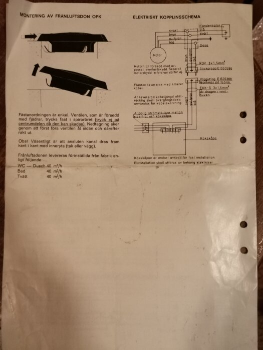 Instruktionsbild för montering av frånluftsdon OPK med elektriskt kopplingsschema, visar anslutning för en köksfläkt med detaljerad kopplingsinformation.