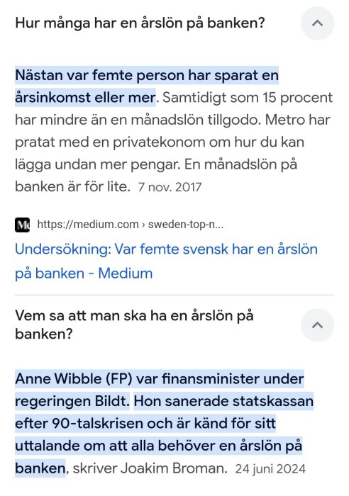 Text om att nästan var femte svensk har en årslön sparad på banken och om Anne Wibbles uttalande om sparande under regeringen Bildt.