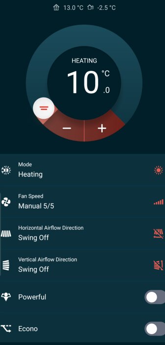 Skärmbild av en app som visar rumstemperatur inställd på 10°C med faktisk temperatur på 13°C och utetemperatur på -2,5°C. Funktionen är på värme.