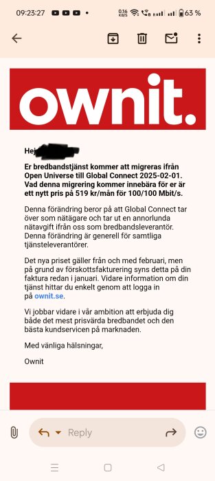 Skärmdump av ett e-postmeddelande från Ownit om prisändring till 519 kr/mån för 100/100 Mbit/s, med logotyp och kontaktinformation.