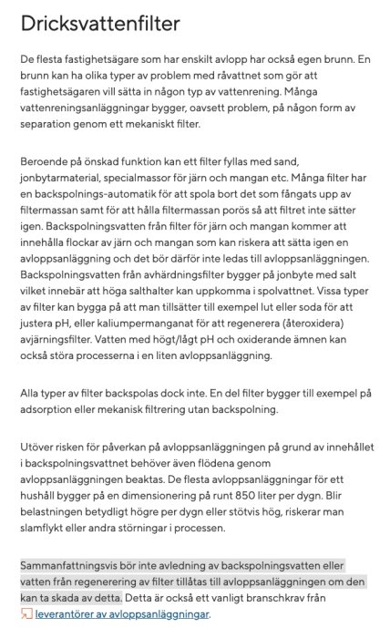 Textdokument som beskriver dricksvattenfilter, funktioner och fördelar samt riktlinjer för hantering av backspolningsvatten i avloppssystem.