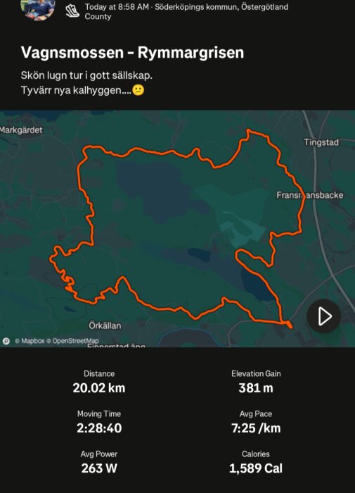 Karta med en orange cykelrutt vid Vagnsmossen i Östergötland. Statistiken visar 20,02 km, 381 m höjning och 263 W i snittkraft.