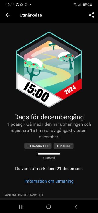 Tecknad vinterstig med snötäckta träd i en sexkantig märke, text "15:00" och "2024", uppmuntrar ett decembergång-utmaning.