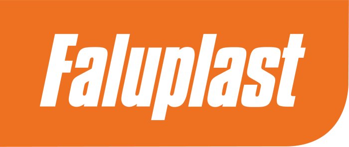 Faluplast logotyp i vitt på en orange bakgrund.