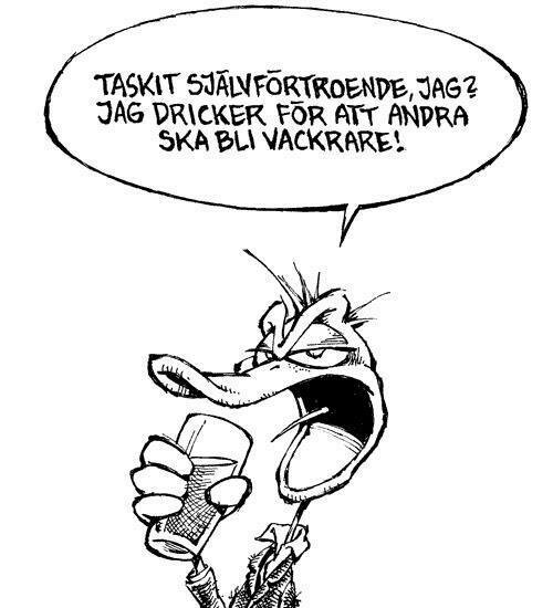 Tecknad anka med glas i handen säger humoristiskt att den dricker för att andra ska bli vackrare.