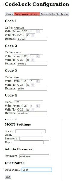 Skärmdump av webbgränssnitt för kodlåsinställningar med kodlistor, giltighetsperioder, MQTT-inställningar och lösenord.