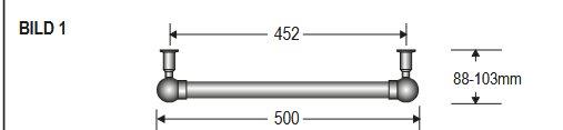 Monteringsanvisning för Ekenäs handdukstork från Nordhem, visar mått på 452mm och 500mm bredd samt justerbart avstånd till väggen på 88-103mm.