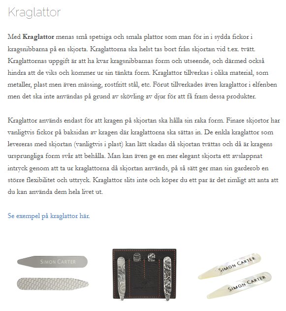 Exempel på kraglattor i olika former och material inklusive metall- och plastvarianter, med några märkta "Simon Carter", placerade under en beskrivande text.