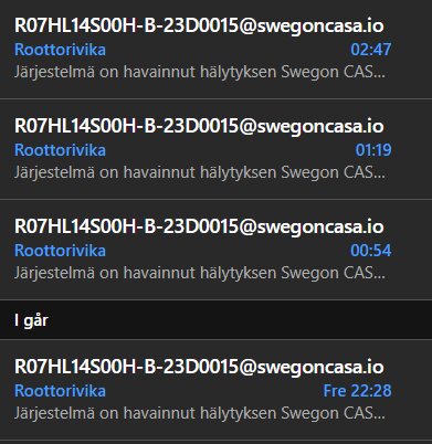 Skärmbild av fyra e-postaviseringar om roottorvika från swegoncasa.io, med tidstämplar och datum visas.