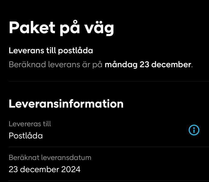 Skärmbild som visar leveransinformation för paket, beräknat leveransdatum är måndag 23 december 2024 till en postlåda.