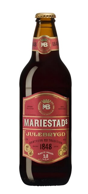 En flaska Mariestads Julebrygd öl med röd etikett, alkoholhalt 5,8%, svenskt hantverksöl.