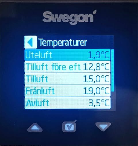 Display för ventilationssystem med temperaturvärden: uteluft 1,9°C, tilluft före eft 12,8°C, tilluft 15,0°C, frånluft 19,0°C, avluft 3,5°C.