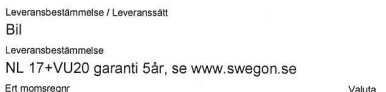 Bild av leveransbestämmelser från Swegon, visar detaljer om leveranssätt och garantiperiod för NL 17+VU20 med webbadress för mer information.