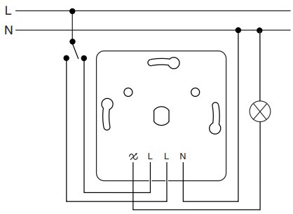 Kopplingsschema för trappkoppling med dimmer, visar ledaranslutningar för fas (L), nolla (N) och dimmerkontakt, samt ansluten lampa.