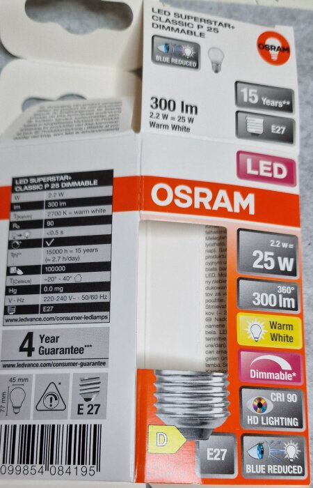 Förpackning till Osram LED-lampa E27, 300 lm, 2.2 W, varmvit, dimbar, med 4 års garanti och CRI 90.