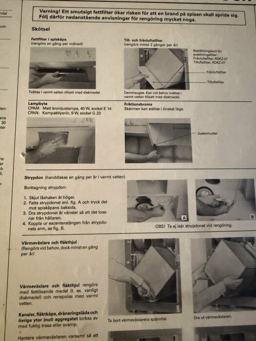 Instruktioner för rengöring av fettfilter, till- och frånluftsfilter samt värmeväxlare i spiskåpa. Bilder visar steg för steg-process med händer som demonstrerar.