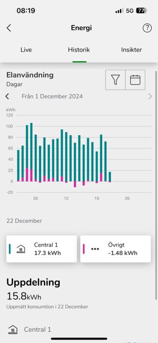 Skärmbild av energiförbrukning från en app, visar stapeldiagram över elförbrukning per dag i december 2024 och uppdelning med negativa värden.