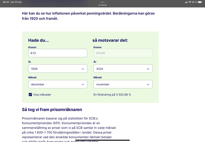 Skärmbild av en prisomräknare på SCB:s webbplats som visar inflationsjustering från 1928 till 2024, med förändring på 3 502,96 %.