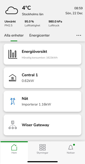 Vy av gränssnitt som visar väderdata och energiförbrukning, inklusive temperatur 4°C, luftfuktighet 95%, och elektrisk konsumtion.