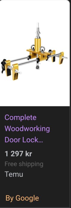Verktyg för träbearbetning av dörrlås som visas i artikel från Temu, pris 1 297 kr med fri frakt.