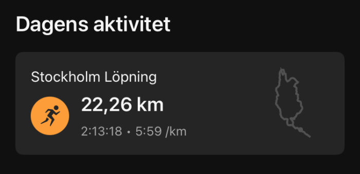 Löprunda i Stockholm, 22,26 km på 2:13:18, snitthastighet 5:59 per km, med ruttkarta.
