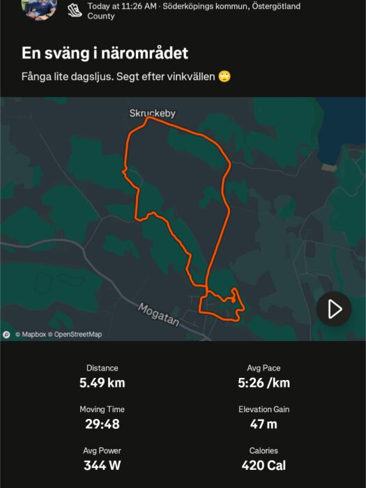 Karta över en löprunda i Söderköping, 5,49 km lång med ett tempo på 5:26 per/km. Tid: 29:48, energiåtgång: 420 kalorier, höjdstigning: 47 m.