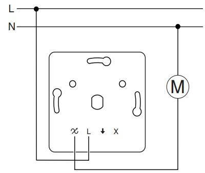 Kopplingsschema för varvtalsregulator utan nolla, visar anslutning av fas och "tändtråd" med symbolerna L, "pil upp" och "pil ned".