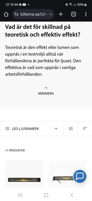 Skärmbild av Biltemas hemsida som förklarar skillnaden mellan teoretisk och effektiv effekt för ljusramper.