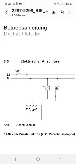 Kopplingsschema för elektrisk anslutning till Drehzahlsteller, visar ledningar och transformator.