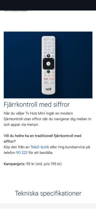 Fjärrkontroll från Tele2 med knappar och siffertangenter liggande på blå bakgrund.