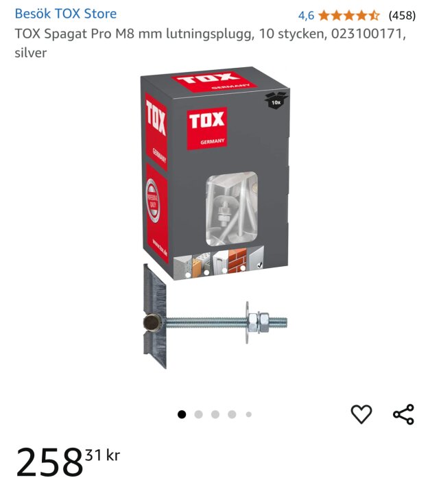 Förpackning med TOX Spagat Pro M8 mm lutningspluggar, silverfärgade, lämpliga för montering i trä och gips, med en synlig plugg exempel.