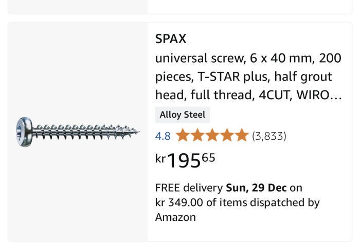 Bild av en SPAX skruv, 6 x 40 mm, med kullrigt huvud, tillgänglig på Amazon för 195,65 kr. Integrerat betyg: 4,8 av 5 stjärnor.