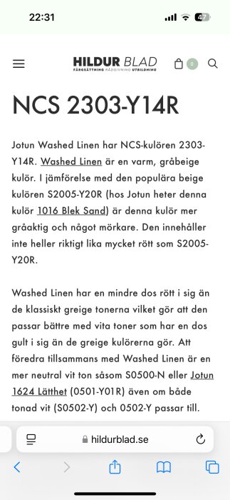 Text om Jotun Washed Linen färg, NCS-kulör 2303-Y14R, som jämförs med andra beige nyanser och rekommenderas med vita toner.