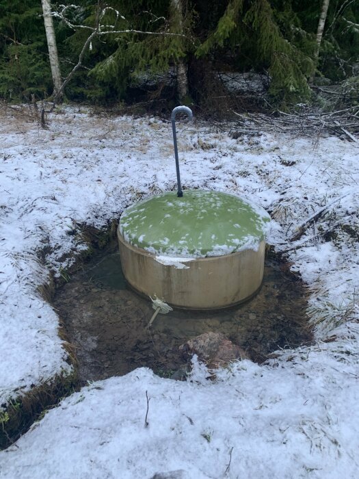 En grävd brunn med ett grönt lock, omgiven av vatten och snötäckt mark, belägen vid en skog.