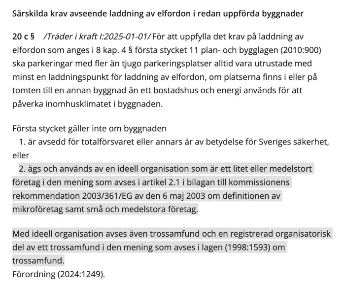 Sida ur Plan- och byggförordning (2024:1249) om krav på elfordonsladdning i befintliga byggnader, trädande i kraft 2025-01-01.